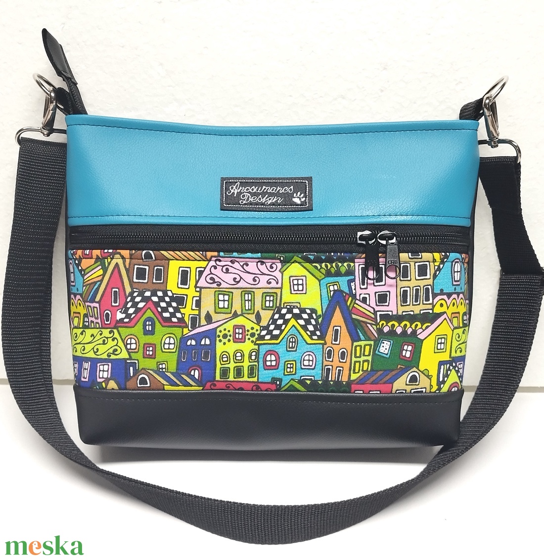 Three colors crossbody oldaltáska övtáska 26x21cm - Házikók türkizzel - táska & tok - kézitáska & válltáska - vállon átvethető táska - Meska.hu