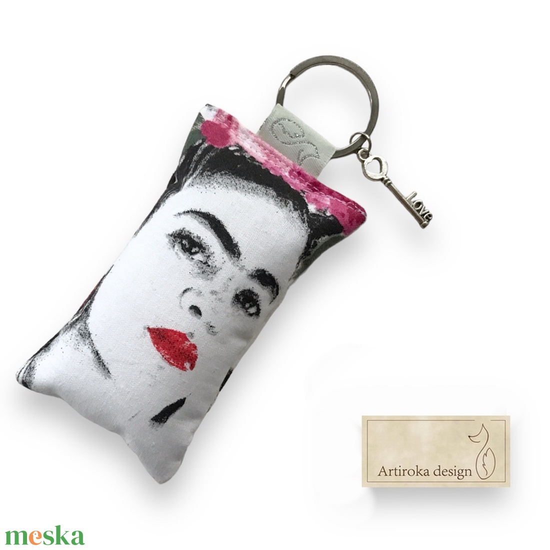 Frida Kahlo mintás egyedi kulcstartó egy kis vintage kulcs medállal  - Artiroka design - táska & tok - kulcstartó & táskadísz - kulcstartó - Meska.hu