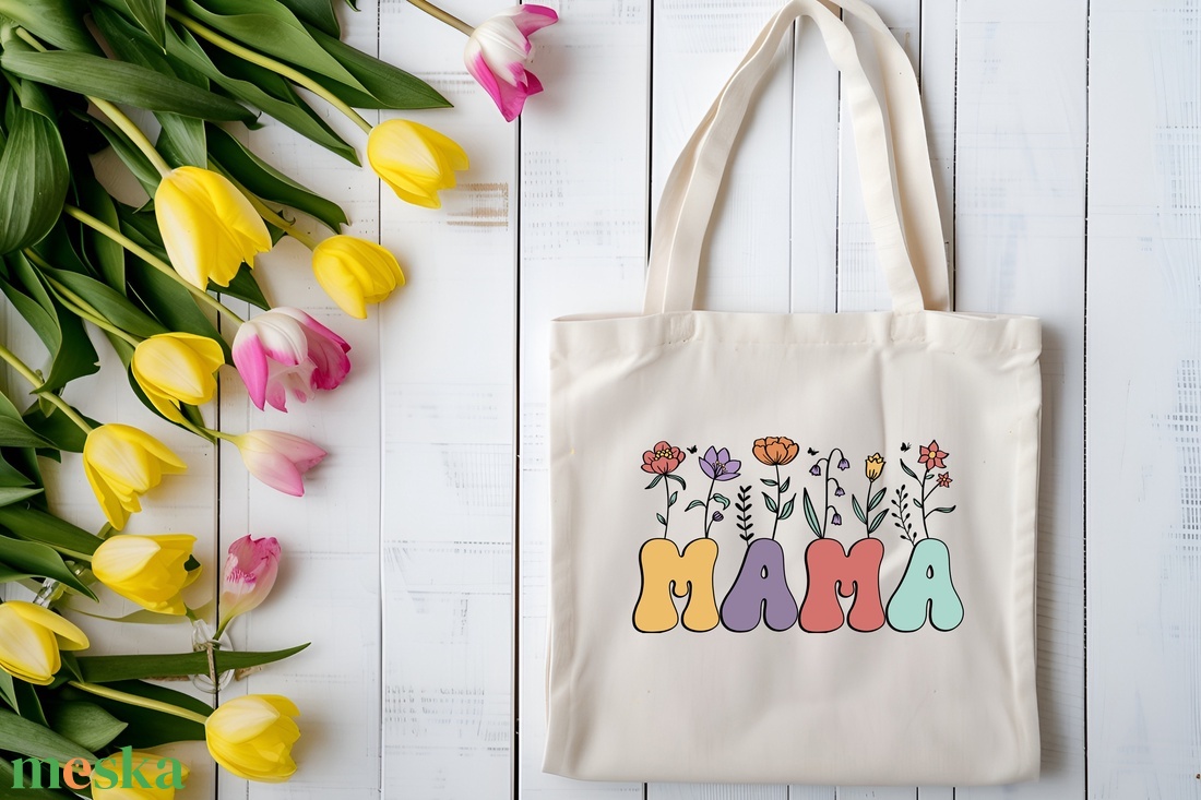 Elegáns Fekete 'MAMA' Virágos Tote Táska - Kifinomult Ajándék Anyák Napjára - táska & tok - bevásárlás & shopper táska - shopper, textiltáska, szatyor - Meska.hu