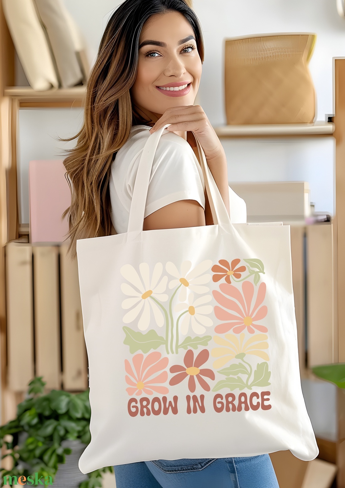 Grow in Grace Vászontáska  Kegyelem és Növekedés, Finom Virágok, Inspiráló Üzenet - táska & tok - bevásárlás & shopper táska - shopper, textiltáska, szatyor - Meska.hu