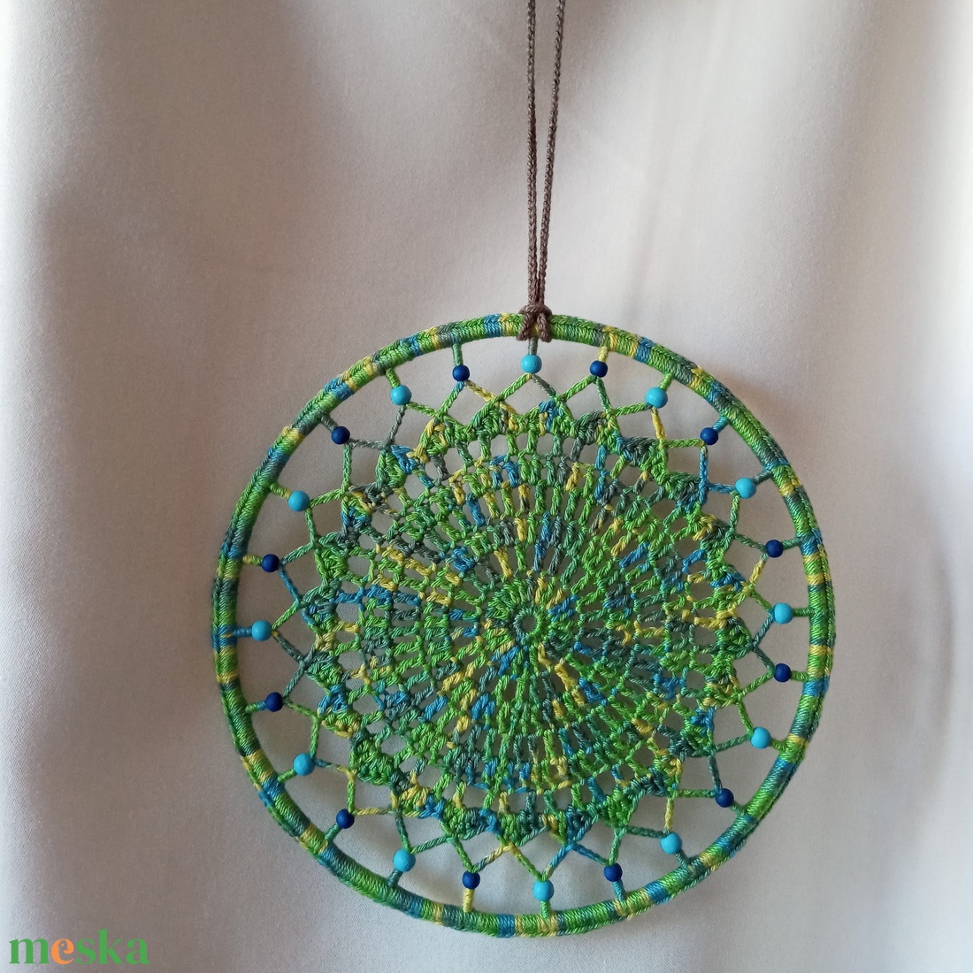 Horgolt mandala, függődísz - 18 cm - zöld-kék-sárga - otthon & életmód - dekoráció - fali és függő dekoráció - függődísz - Meska.hu