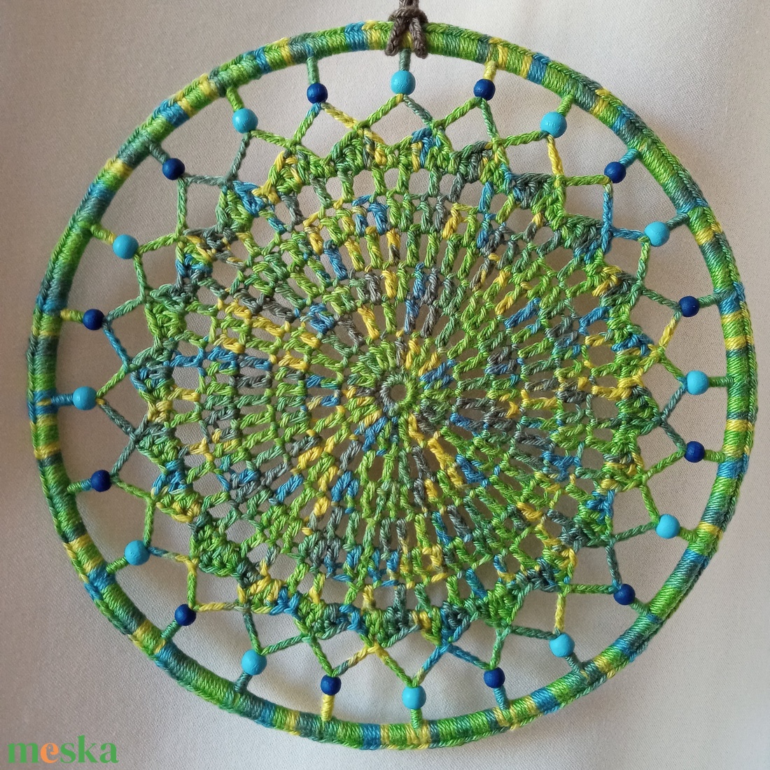 Horgolt mandala, függődísz - 18 cm - zöld-kék-sárga - otthon & életmód - dekoráció - fali és függő dekoráció - függődísz - Meska.hu