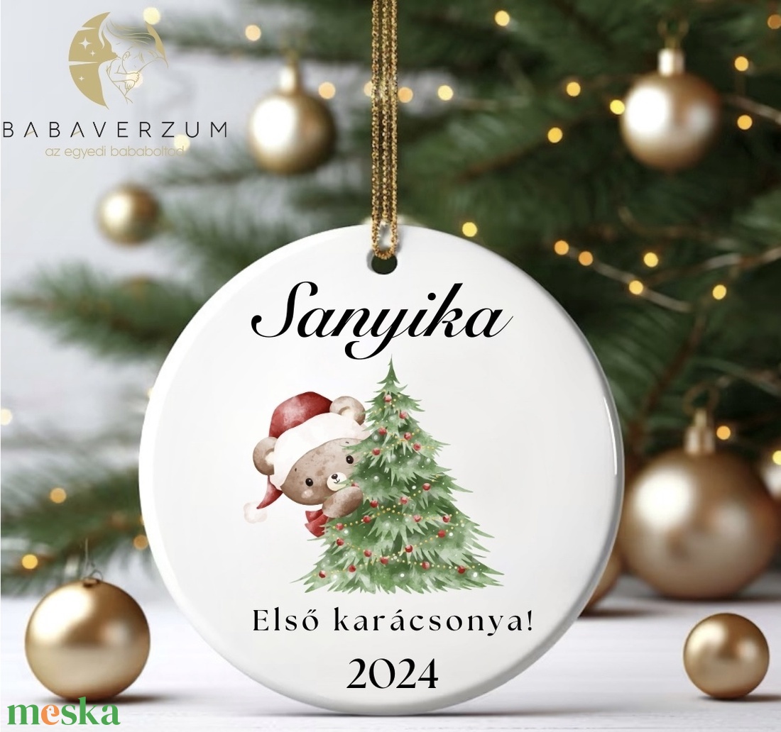 Névre szóló, mackó mintás, első karácsonyos dísz, választható szalagszínnel! - karácsony - karácsonyi lakásdekoráció - karácsonyfadíszek - Meska.hu