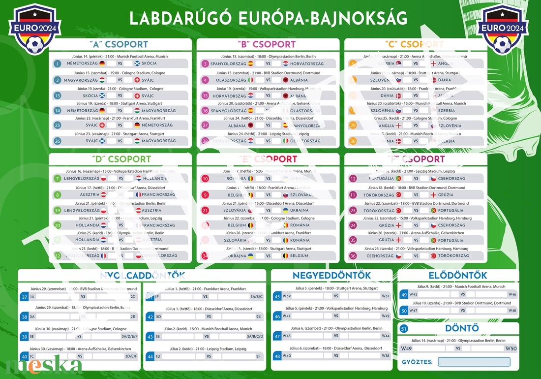 2024 Foci EB Meccs Naptár, Menetrend - magyar nyelvű (GREEN1) - művészet - grafika & illusztráció - digitális - Meska.hu