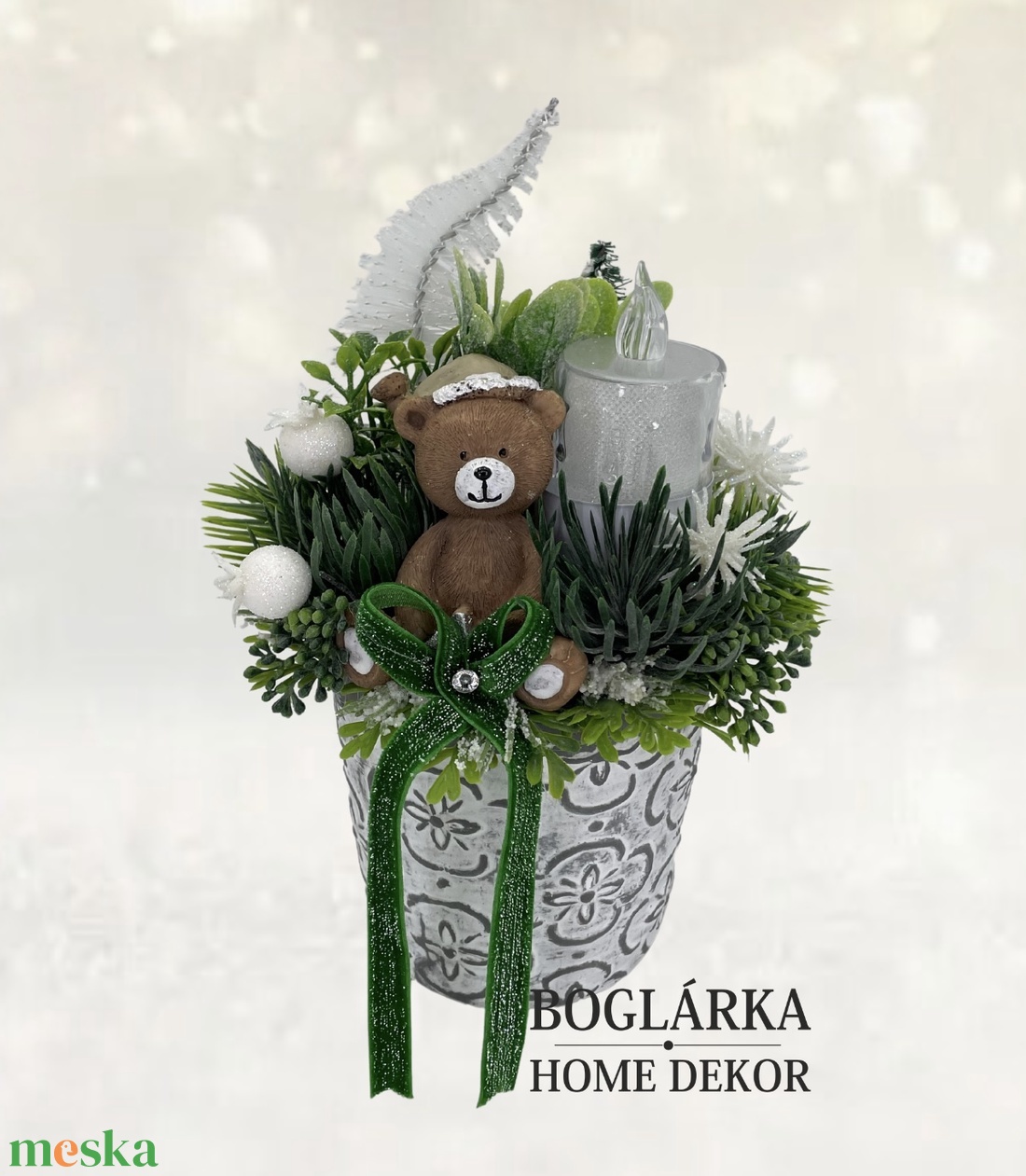 Maci fehér fenyővel led világítással - karácsony - adventi díszek - adventi ablakdekoráció - Meska.hu