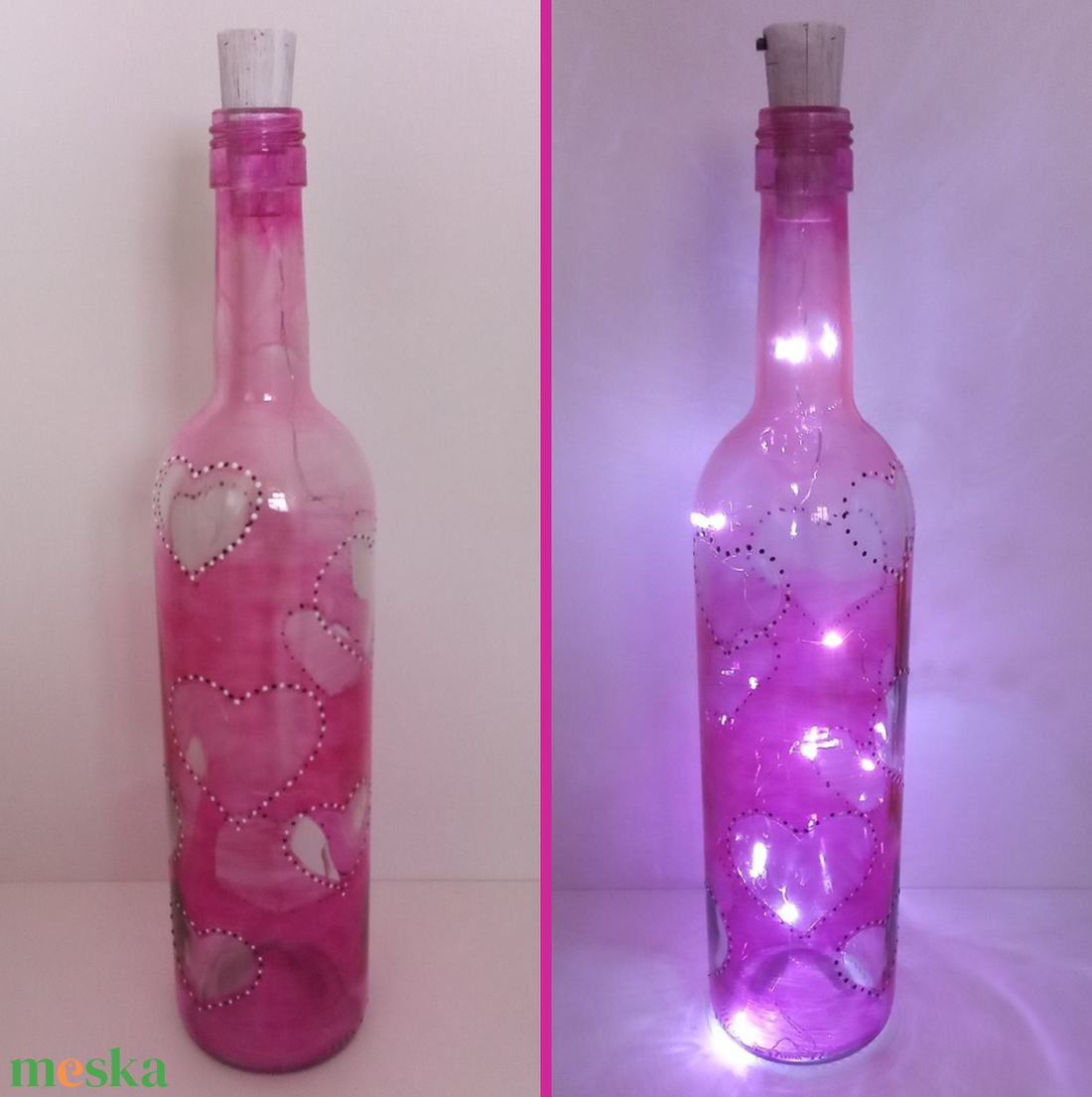 Üveglámpás pink szivekkel - egyedi festett üveg bottlelamp - otthon & életmód - lámpa - hangulatlámpa - Meska.hu