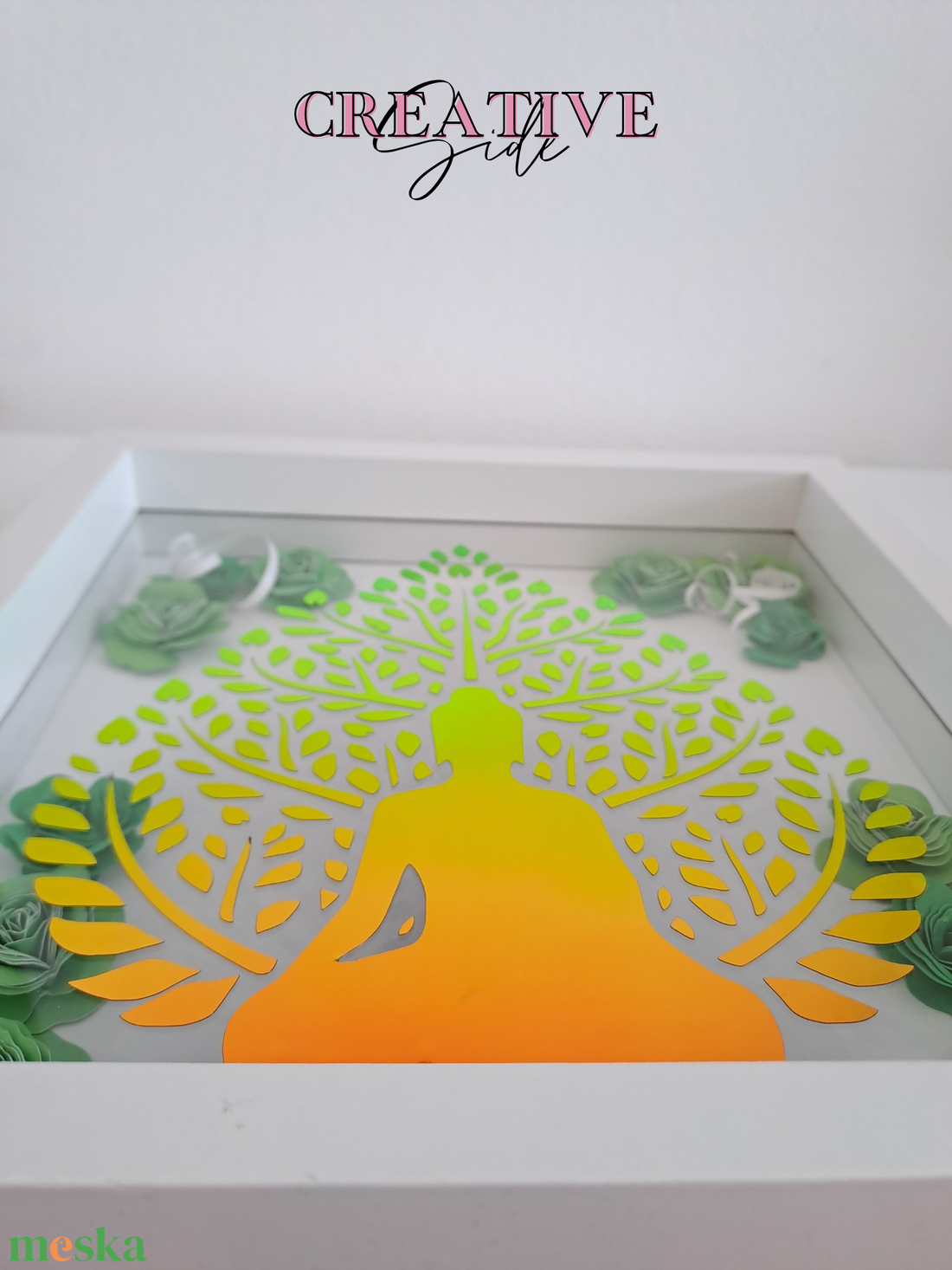 Shadow box - Buddha holografikus fóliával, gyönyörű zöld színű rózsákkal -Györgyi 3D Képkeretei - - karácsony - karácsonyi ajándékozás - karácsonyi képeslap, üdvözlőlap, ajándékkísérő - Meska.hu