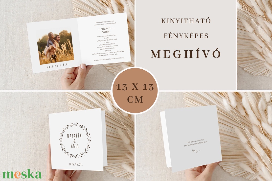 Esküvői meghívó, kinyitható, fényképes, virágkoszorús, Natália - esküvő - meghívó & kártya - meghívó - Meska.hu