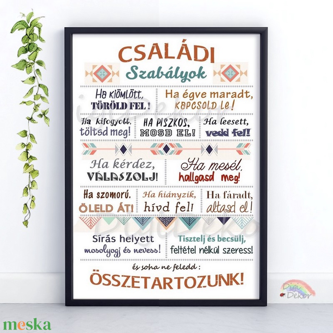 Boho stílusú Családi Szabályok falikép, print vagy táblakép. Konyhai dekor kép, családi ajándék házavatóra - otthon & életmód - dekoráció - fali és függő dekoráció - falra akasztható dekor - Meska.hu