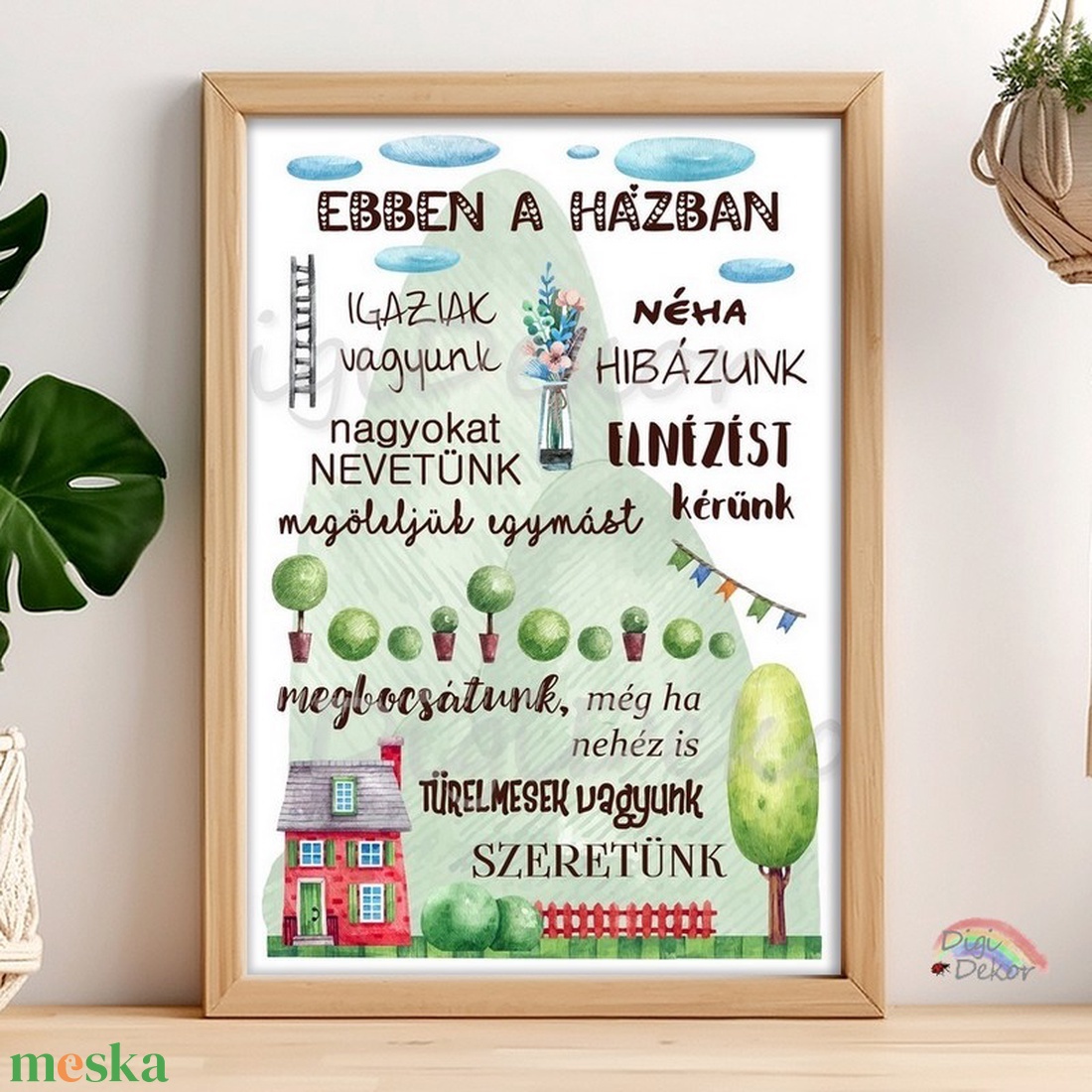 Hangulatos Ebben a házban.. táblakép, családi szabályok gyönyörű rajzokkal. Tökéletes ajándék házavatóra, karácsonyra. - otthon & életmód - dekoráció - fali és függő dekoráció - falra akasztható dekor - Meska.hu