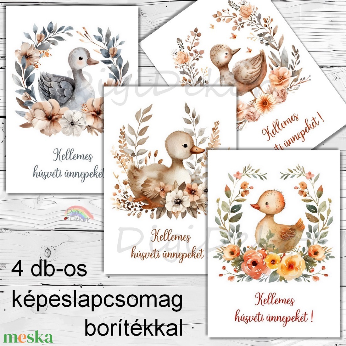 Húsvéti képeslapok kislibákkal és virágokkal. 4 db-os csomag. Üdvözlőlapok borítékkal. - otthon & életmód - papír, írószer - ajándékozás kellékei - képeslap, üdvözlőlap - Meska.hu