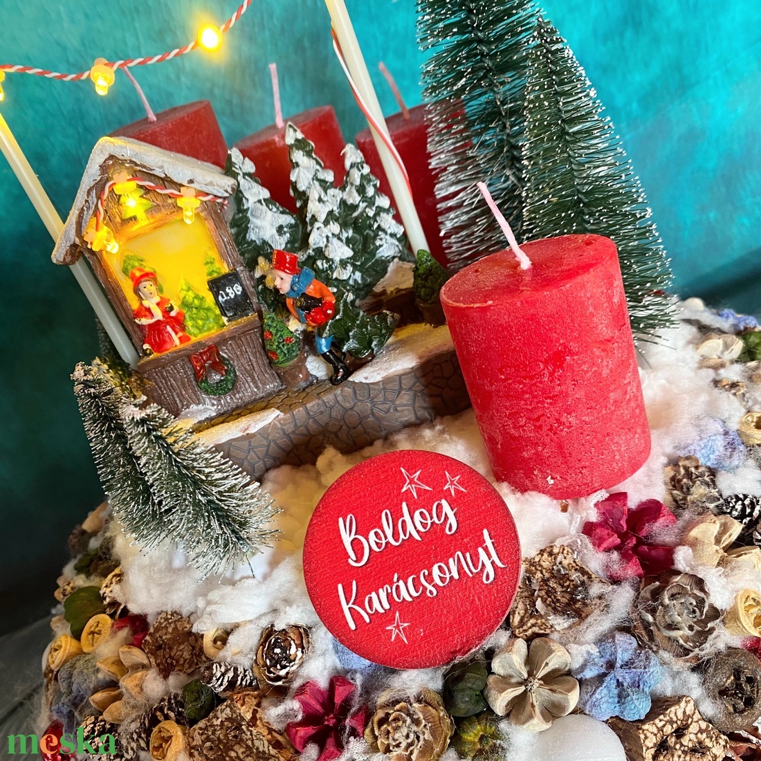 Világítós! Karácsonyi falu Adventi koszorú asztaldísz - karácsony - adventi díszek - adventi koszorú - Meska.hu