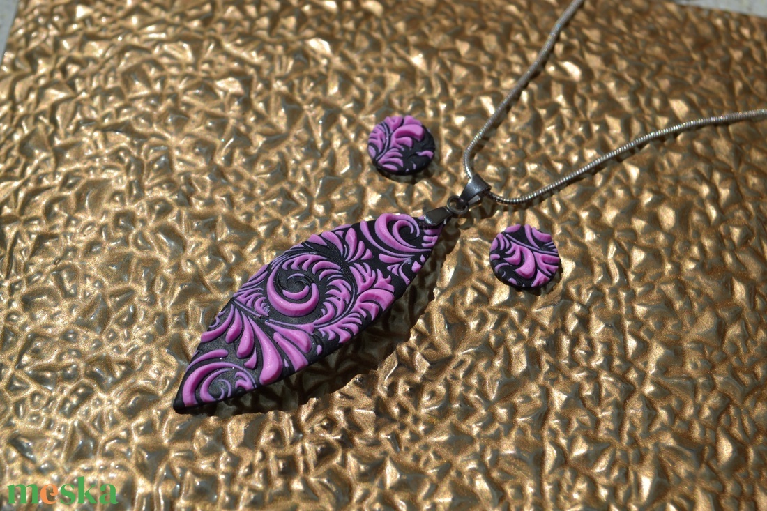 Mintás rózsaszín-fekete polymer clay ékszerszett - ékszer - ékszerszett - Meska.hu