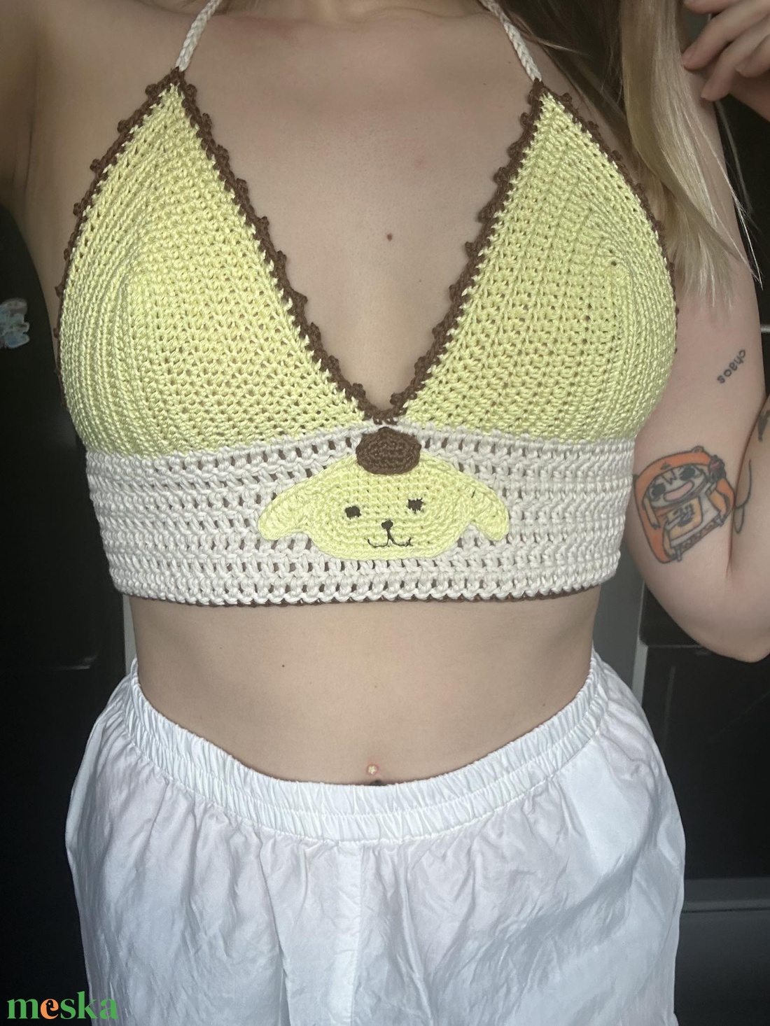 Pompompurin horgolt crop top fűzős hátrésszel - ruha & divat - női ruha - póló, felső - Meska.hu