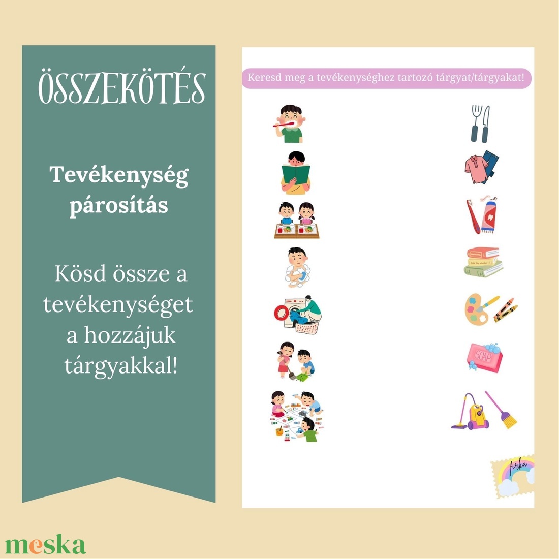 Párosítsd össze a tevékenységet a tárgyakkal - játék & sport - készségfejlesztő és logikai játék - logikai játékok - Meska.hu