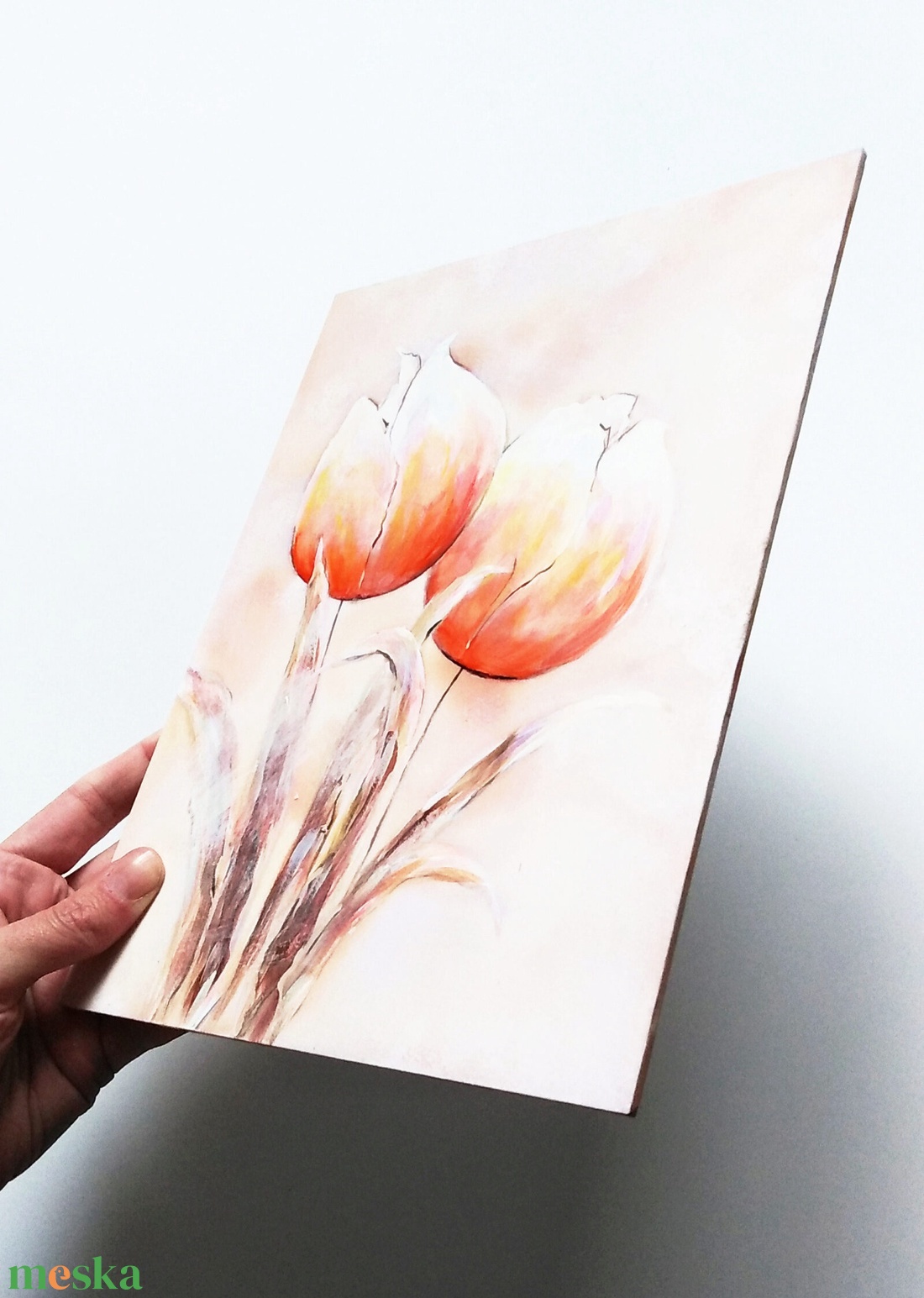 Tulipános selyem festmény 20 x 26 cm - művészet - festmény - festmény vegyes technika - Meska.hu