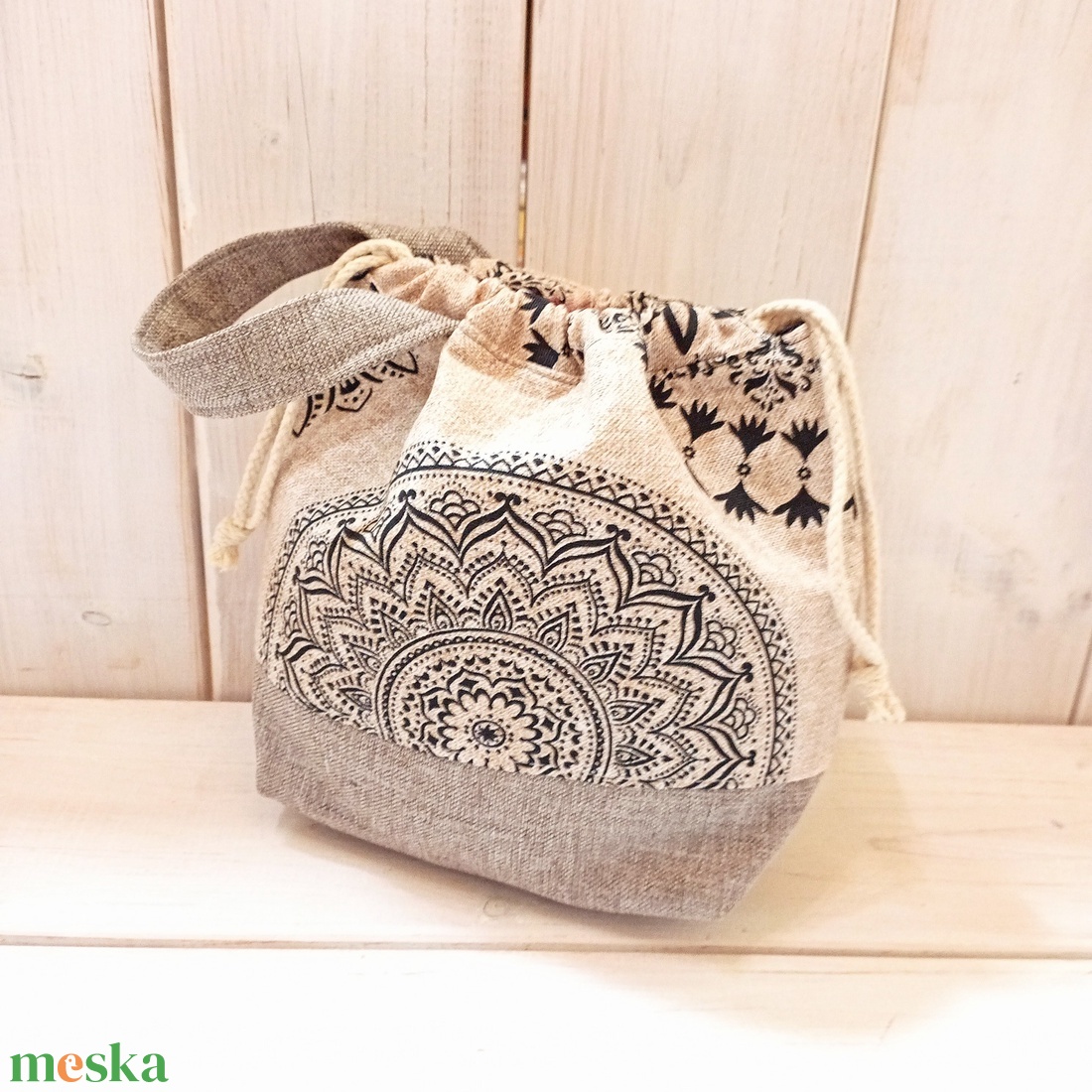 Project bag - Beige, mandala mintás - táska & tok - bevásárlás & shopper táska - shopper, textiltáska, szatyor - Meska.hu