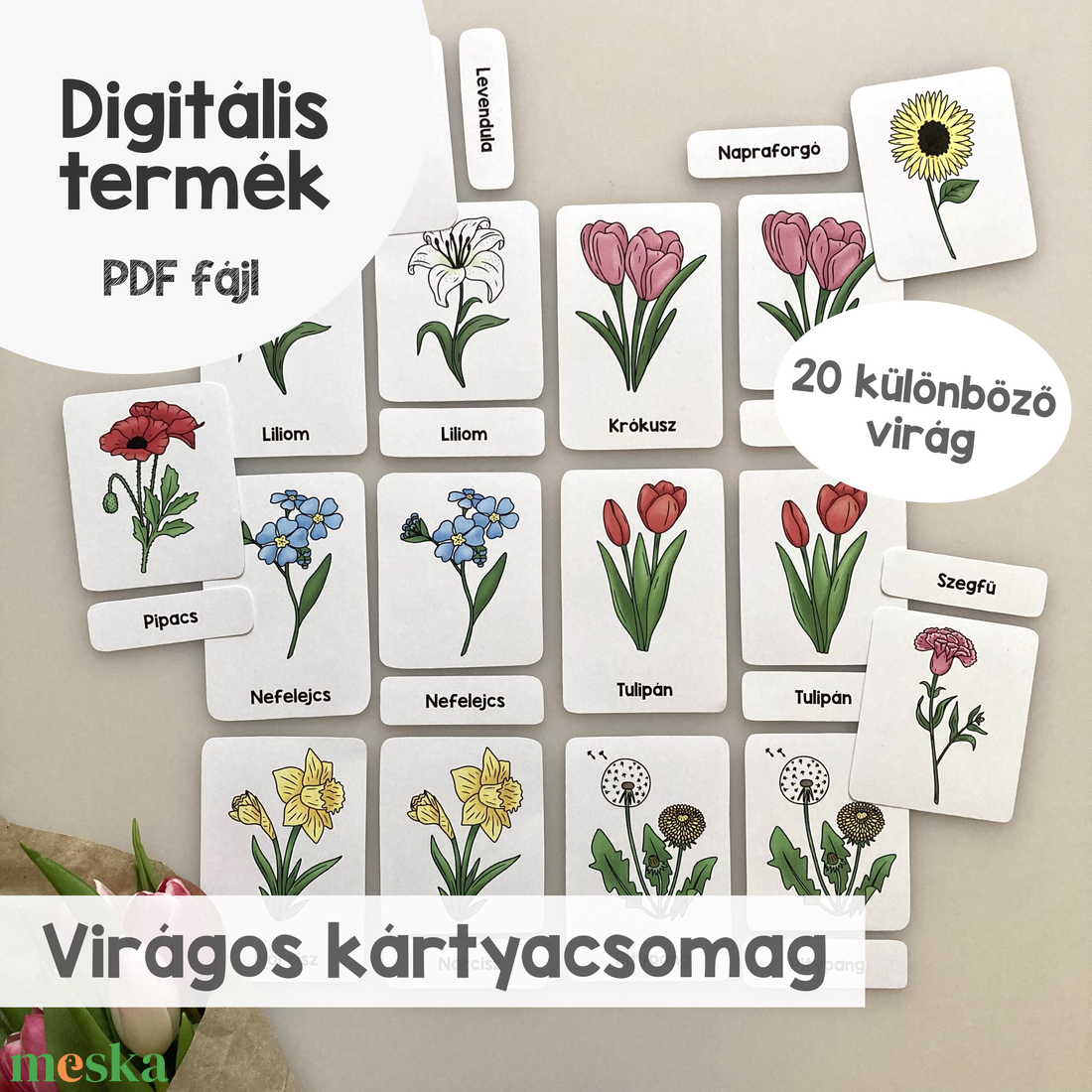 Virágos kártyacsomag - 3 részes Montessori jellegű (nyomtatható) - játék & sport - táblajáték és kártyajáték - kártya - Meska.hu