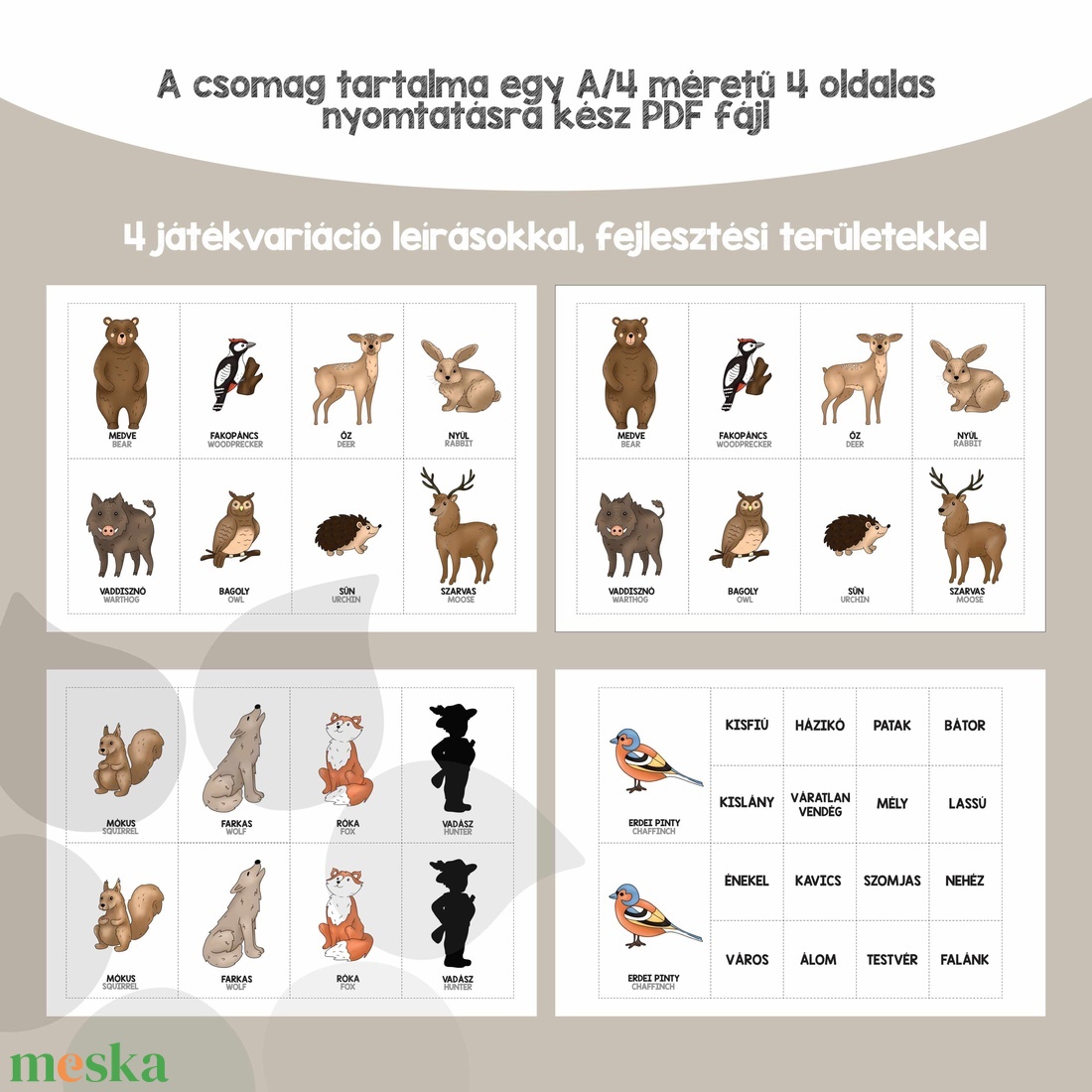 Erdei állatos 4 az 1-ben kártyajáték (nyomtatható) - játék & sport - készségfejlesztő és logikai játék - oktató játékok - Meska.hu