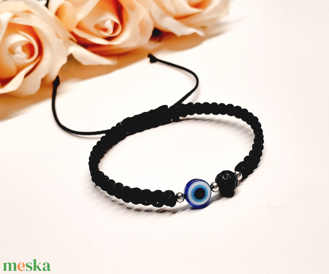 Védelmező Evil Eye karkötő lávakővel, állítható méret - ékszer - karkötő - gyöngyös karkötő - Meska.hu