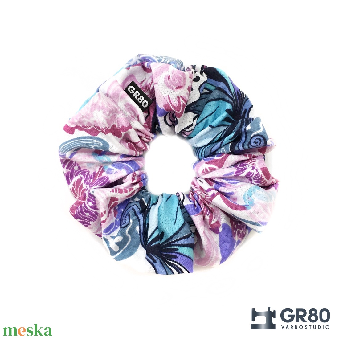 Türkiz-rózsaszín virágos  textil hajgumi scrunchie - ruha & divat - hajdísz & hajcsat - hajgumi - Meska.hu