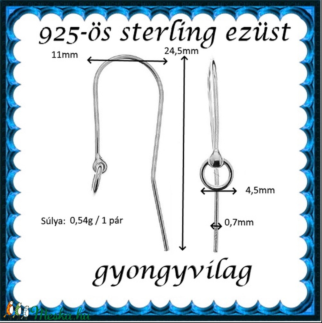 925-ös sterling ezüst ékszerkellék: fülbevalóalap akasztós EFK A 76 - gyöngy, ékszerkellék - egyéb alkatrész - Meska.hu