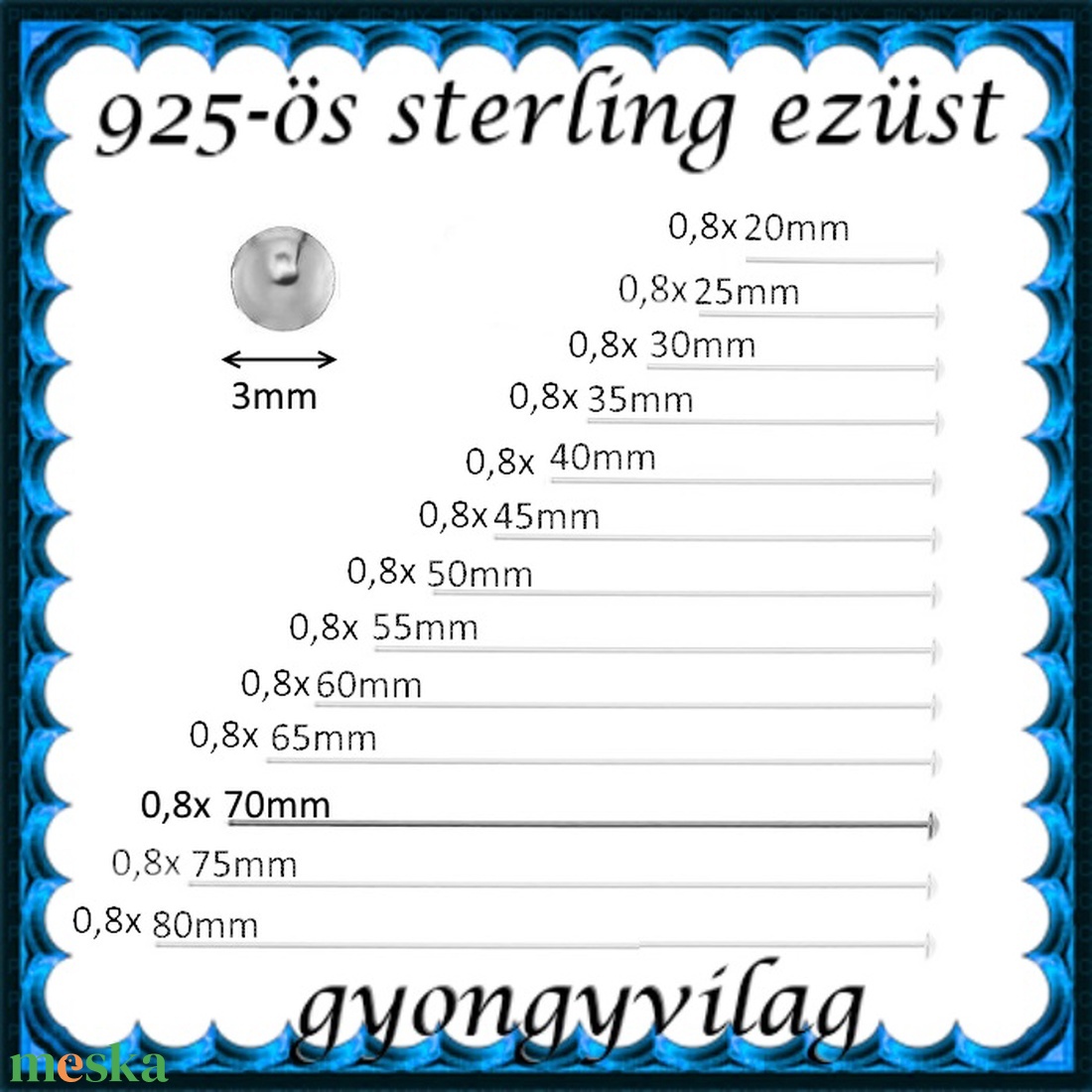 925-ös sterling ezüst ékszerkellék: szerelőpálca szög végű 70  x 0,8mm-es  - kellékek & szerszámok - gyöngy, ékszerkellék - egyéb alkatrész - Meska.hu