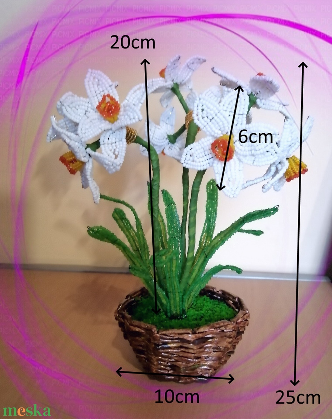 Gyöngyből készített nárcisz fonott kosárban GYV27-01 - otthon & életmód - dekoráció - virágdísz és tartó - csokor & virágdísz - Meska.hu