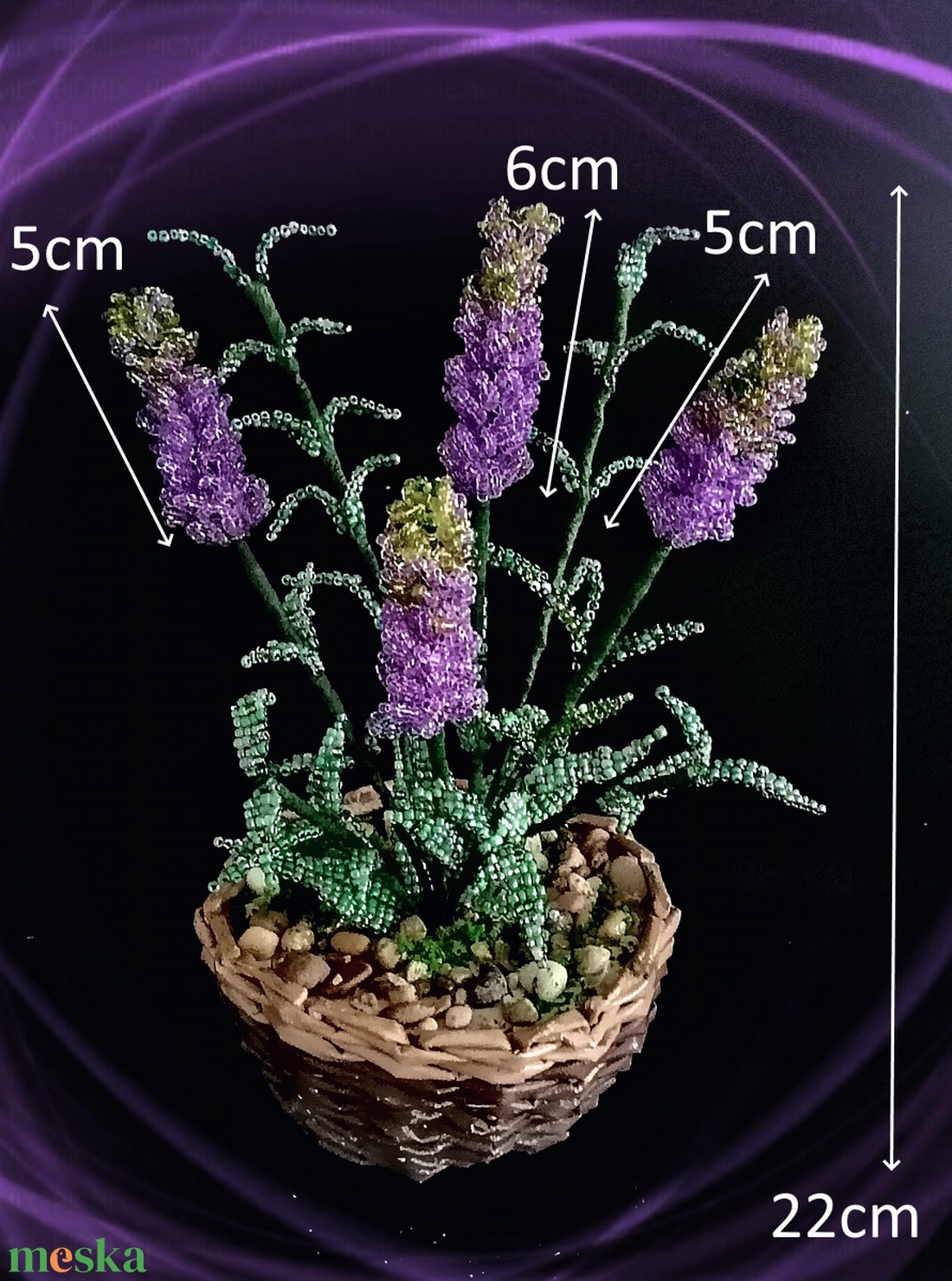 Gyöngyből készített levendula fonott kosárban GYV 01-4-3 - otthon & életmód - dekoráció - virágdísz és tartó - csokor & virágdísz - Meska.hu