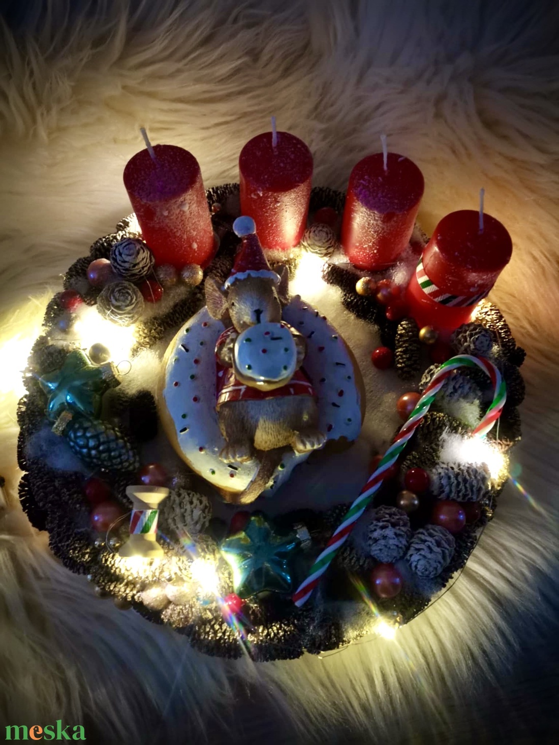 Adventi koszorú, világító koszorú, egér világító  adventi koszorú, Karácsonyi dekoráció, asztaldísz - karácsony - adventi díszek - adventi koszorú - Meska.hu