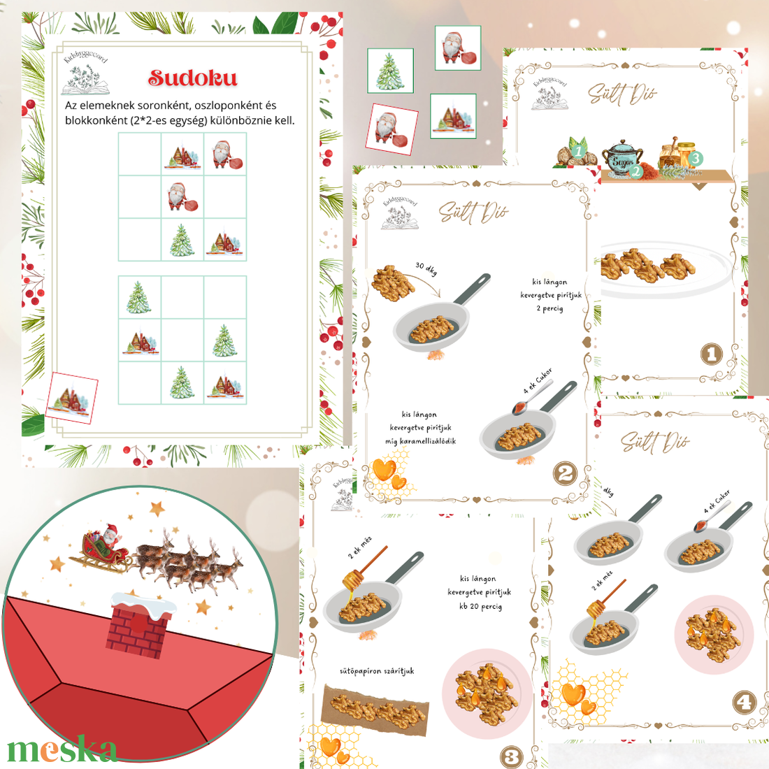 KCS4 Téli Karácsonyi Társas Infografikus recept  Memória játék Sudoku Télapó reptető  - karácsony - mikulás - mikulás ajándékok - Meska.hu