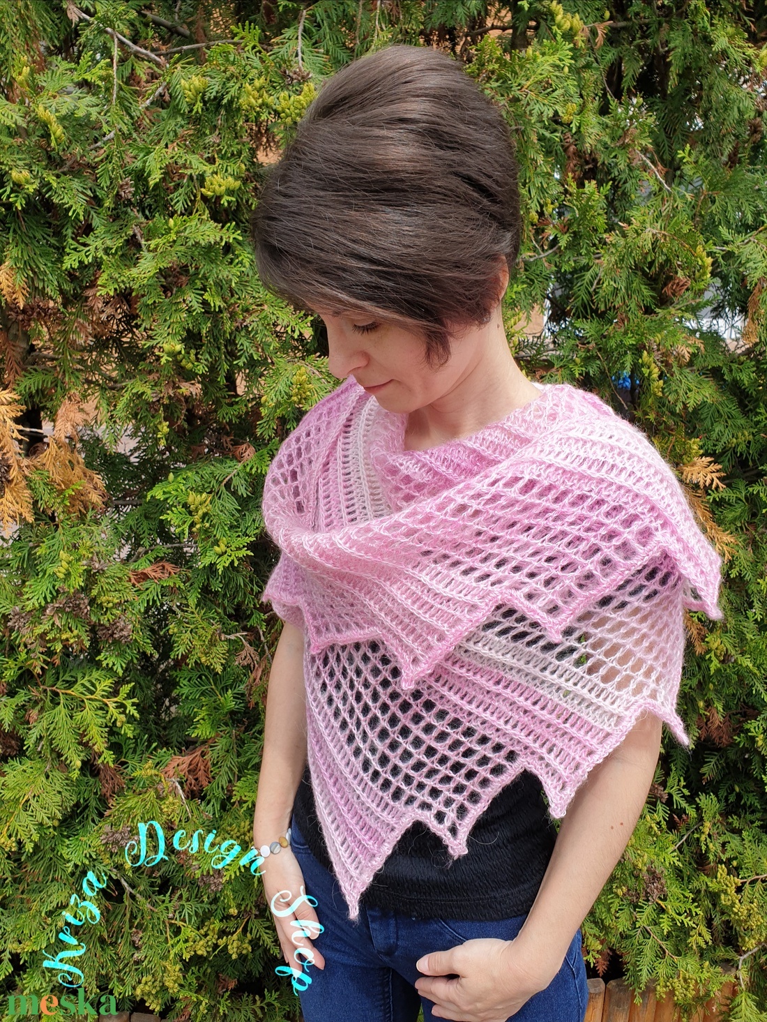 Kézműves horgolt csipke kendő - Lizard shawl (pink-rose) - ruha & divat - sál, sapka, kendő - vállkendő - Meska.hu