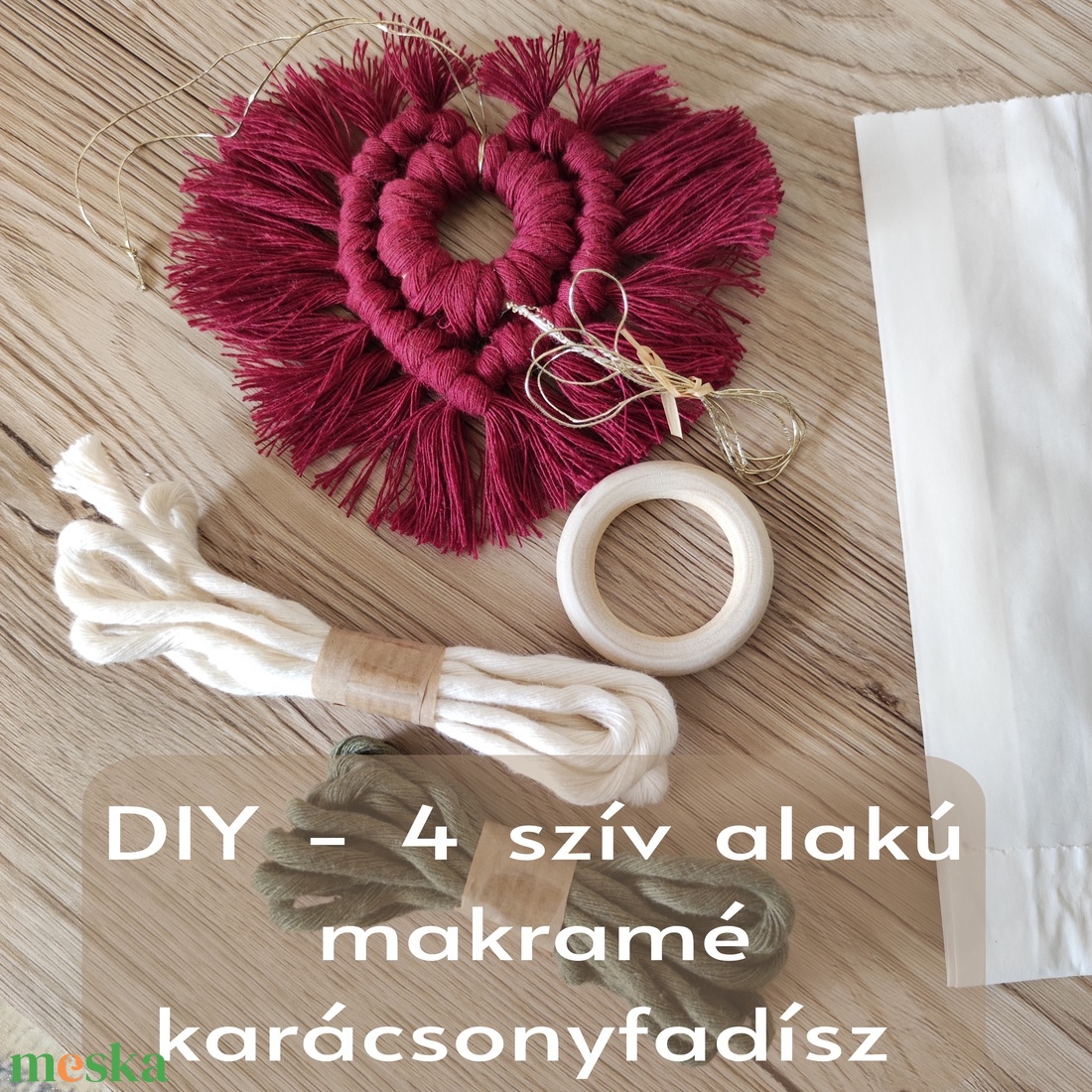 Csináld magad!  4 szív alakú karácsonyfadísz, saját készítésű makramé ajándék természetes anyagokból - diy (csináld magad) - egységcsomag - Meska.hu