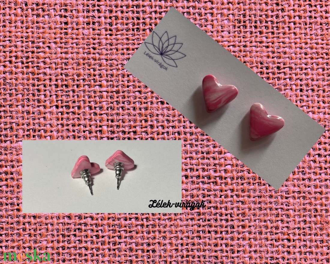 Rózsaszín-fehér színátmenetes szív polymer clay fülbevaló - ékszer - fülbevaló - pötty fülbevaló - Meska.hu