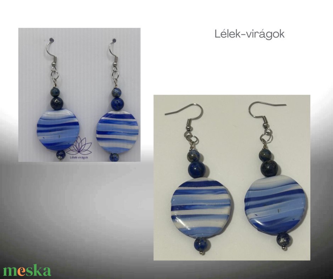 Kék csíkos polymer clay fülbevaló lapis lazulival - ékszer - fülbevaló - lógó fülbevaló - Meska.hu