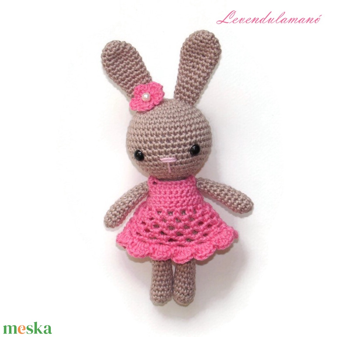 Horgolt barna nyuszilány pink ruhában amigurumi - játék & sport - plüssállat & játékfigura - nyuszi - Meska.hu