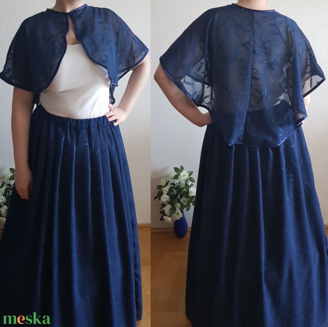 ESKÜVŐ BOL70 - Elegáns, navy kék színű hímzett muszlin pelerin, boleró, rövid palást - esküvő - kiegészítők - bolero és válltakaró - Meska.hu