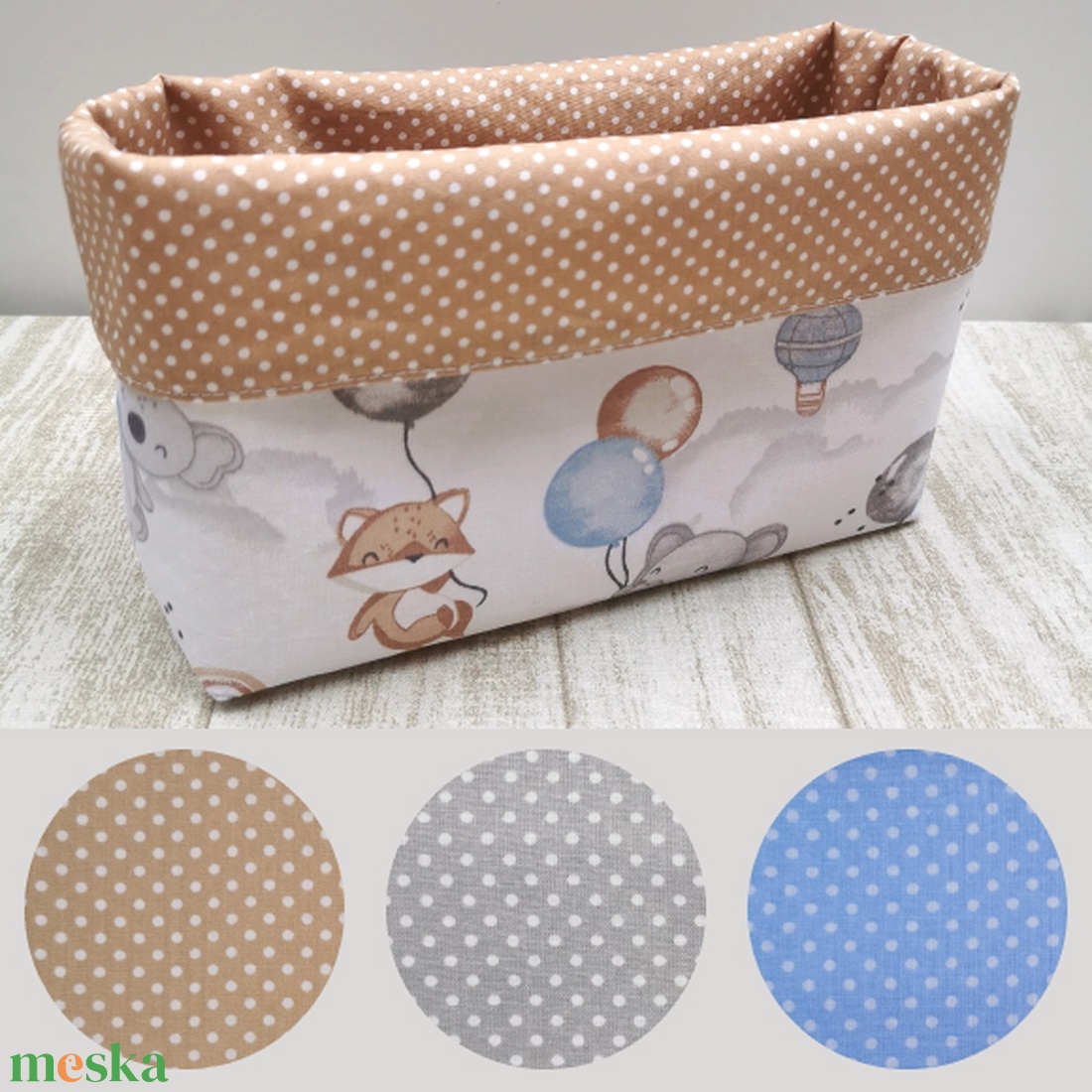 Textil asztali tároló babaszobába - Elefánt, róka, koala lufival UNISEX - otthon & életmód - tárolás & rendszerezés - tárolókosár - Meska.hu