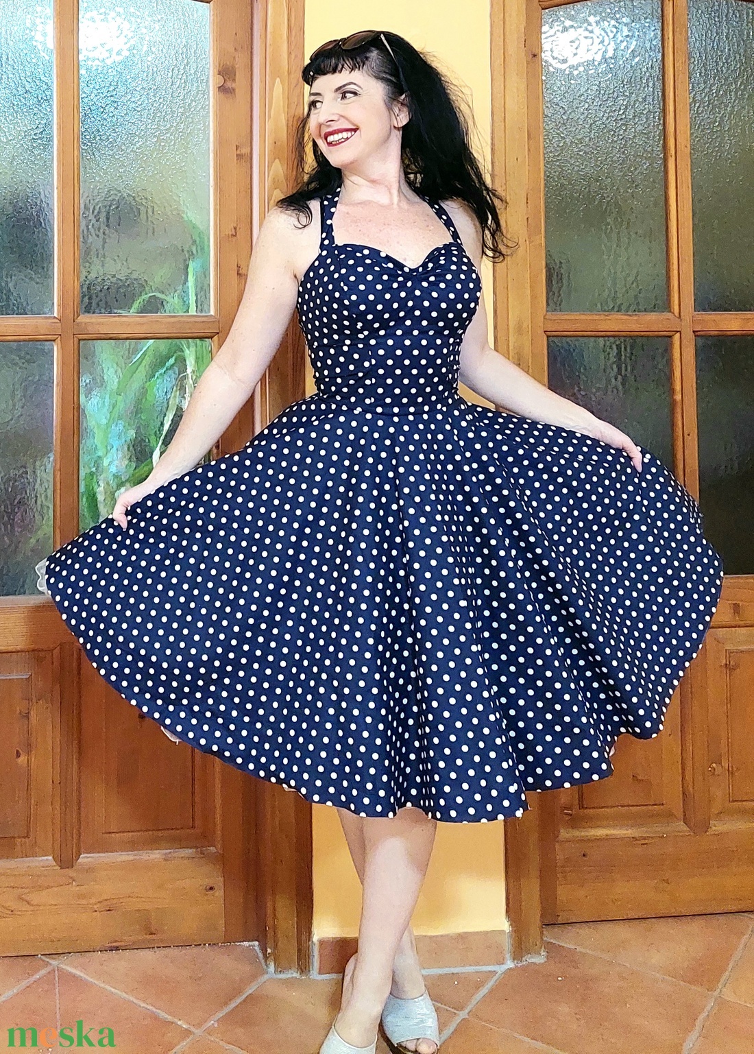 Pinup Rockabilly ruha navy kék pöttyös  - ruha & divat - női ruha - ruha - Meska.hu