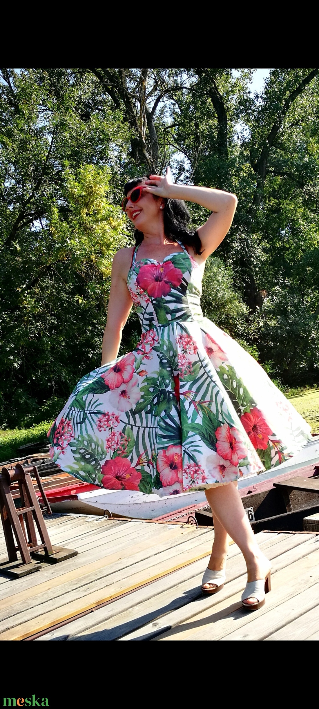 Pinup Rockabilly ruha, hibiszkusz trópusi mintás, virágos - ruha & divat - női ruha - ruha - Meska.hu