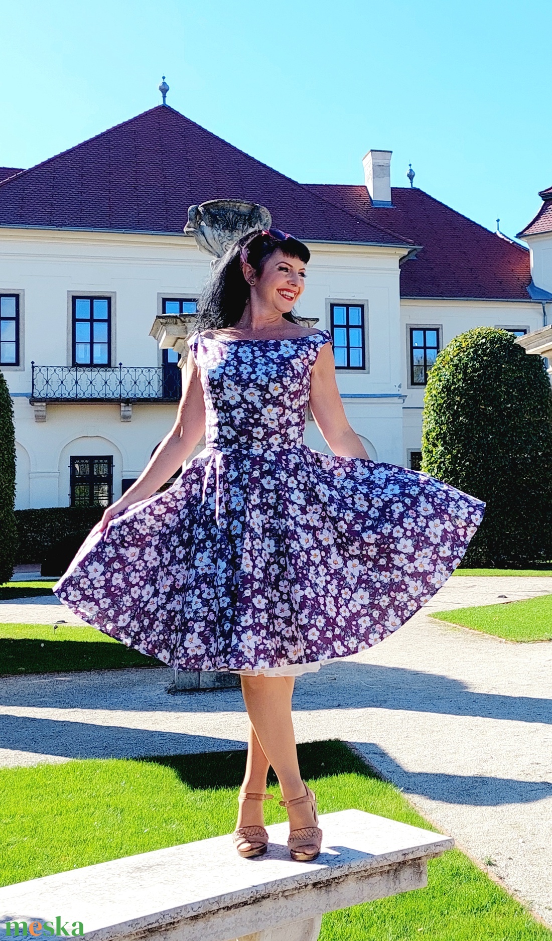 Rockabilly Pinup ruha, burgundi alapon cseresznye virág, sakura - ruha & divat - női ruha - ruha - Meska.hu