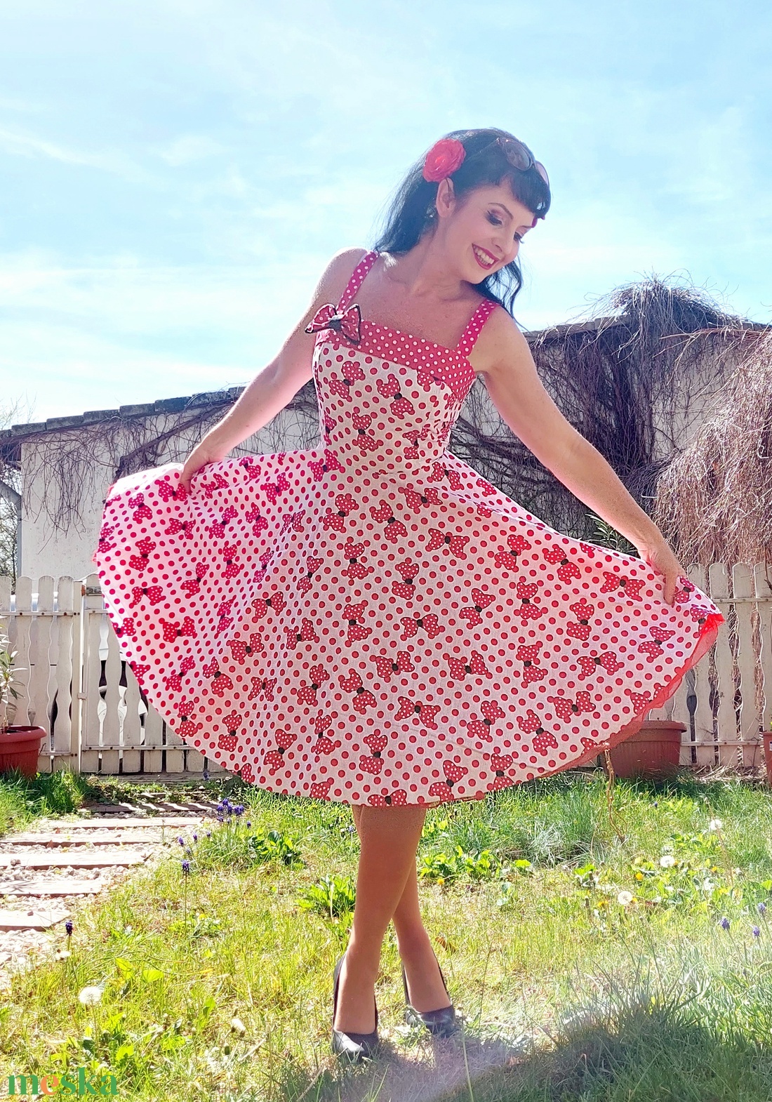 Pinup Rockabilly ruha piros pöttyös masnis - ruha & divat - női ruha - ruha - Meska.hu