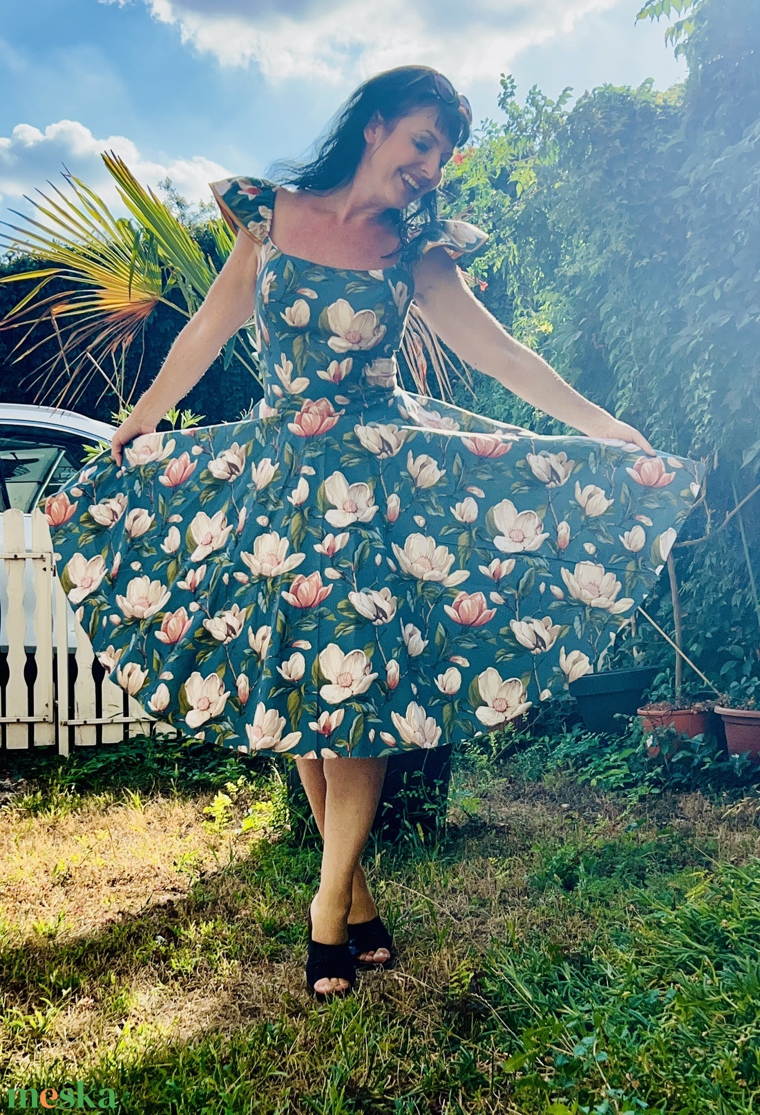 Rockabilly Pinup ruha, Magnolia petrol alapon virág,  - ruha & divat - női ruha - ruha - Meska.hu