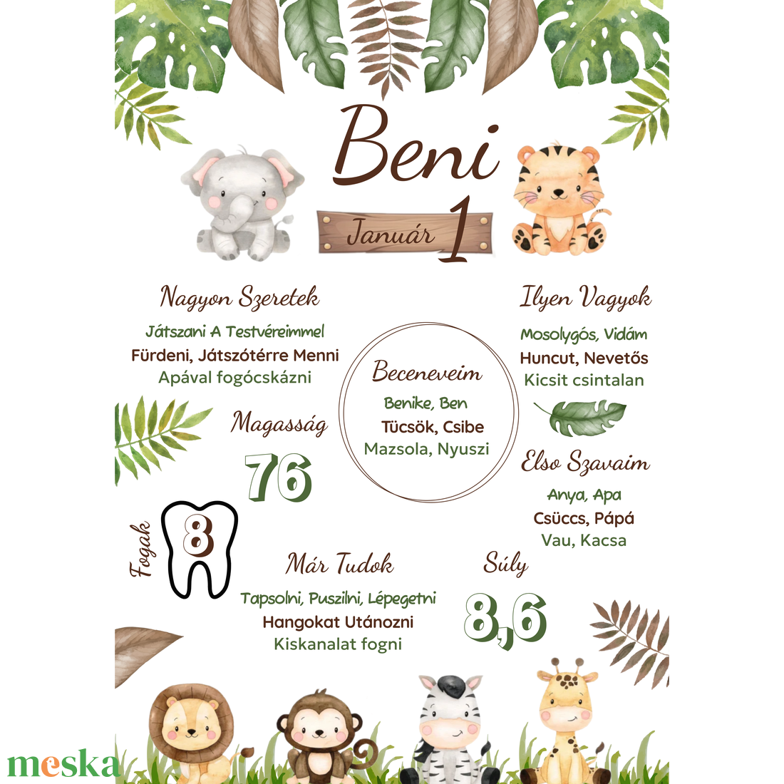 Dzsungeles gyerek poszter (1. születésnapra) - otthon & életmód - dekoráció - kép & falikép - poszter - Meska.hu