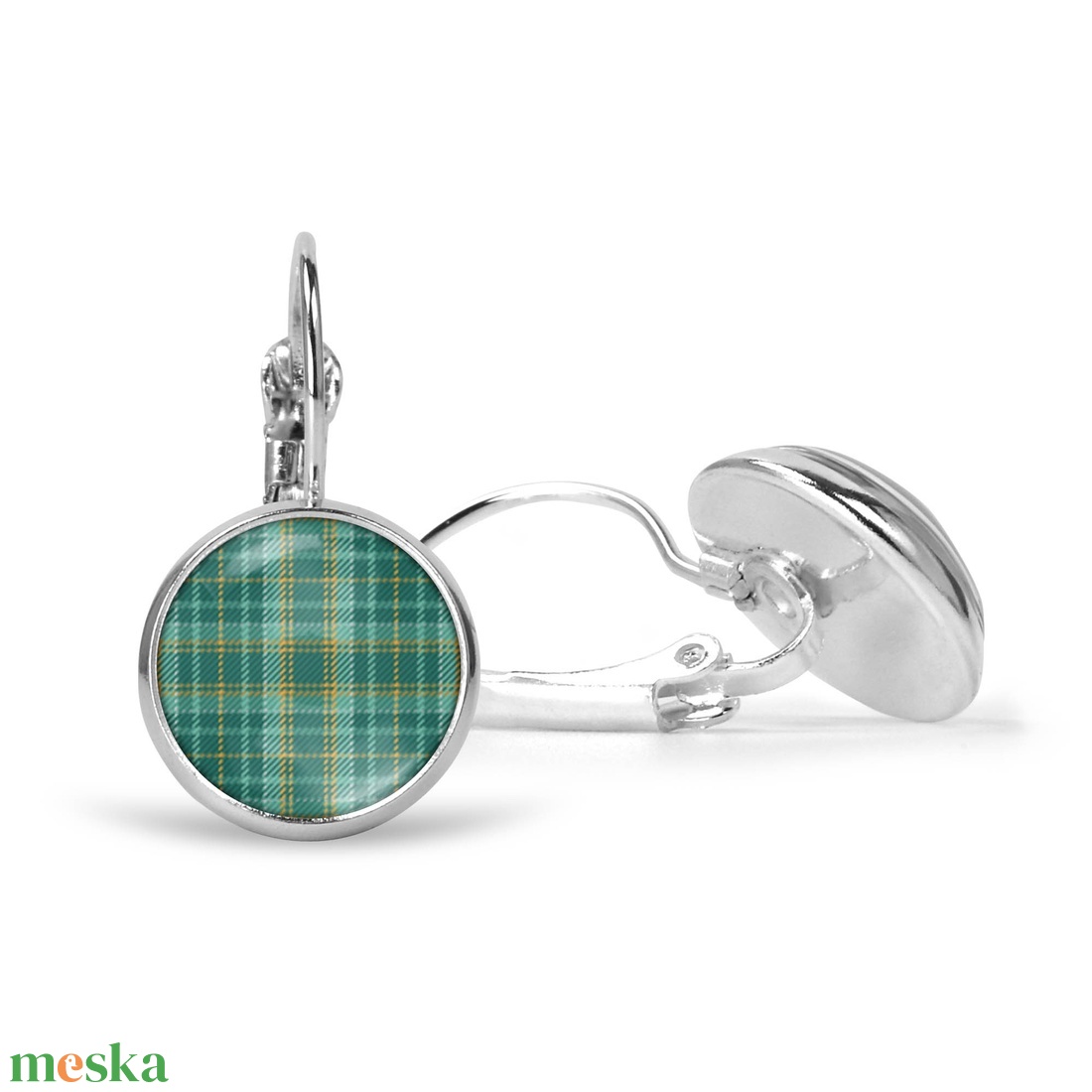 Zöld skót kockás (tartan) üveglencsés fülbevaló (nemesacél alappal is) - ékszer - fülbevaló - lógós kerek fülbevaló - Meska.hu