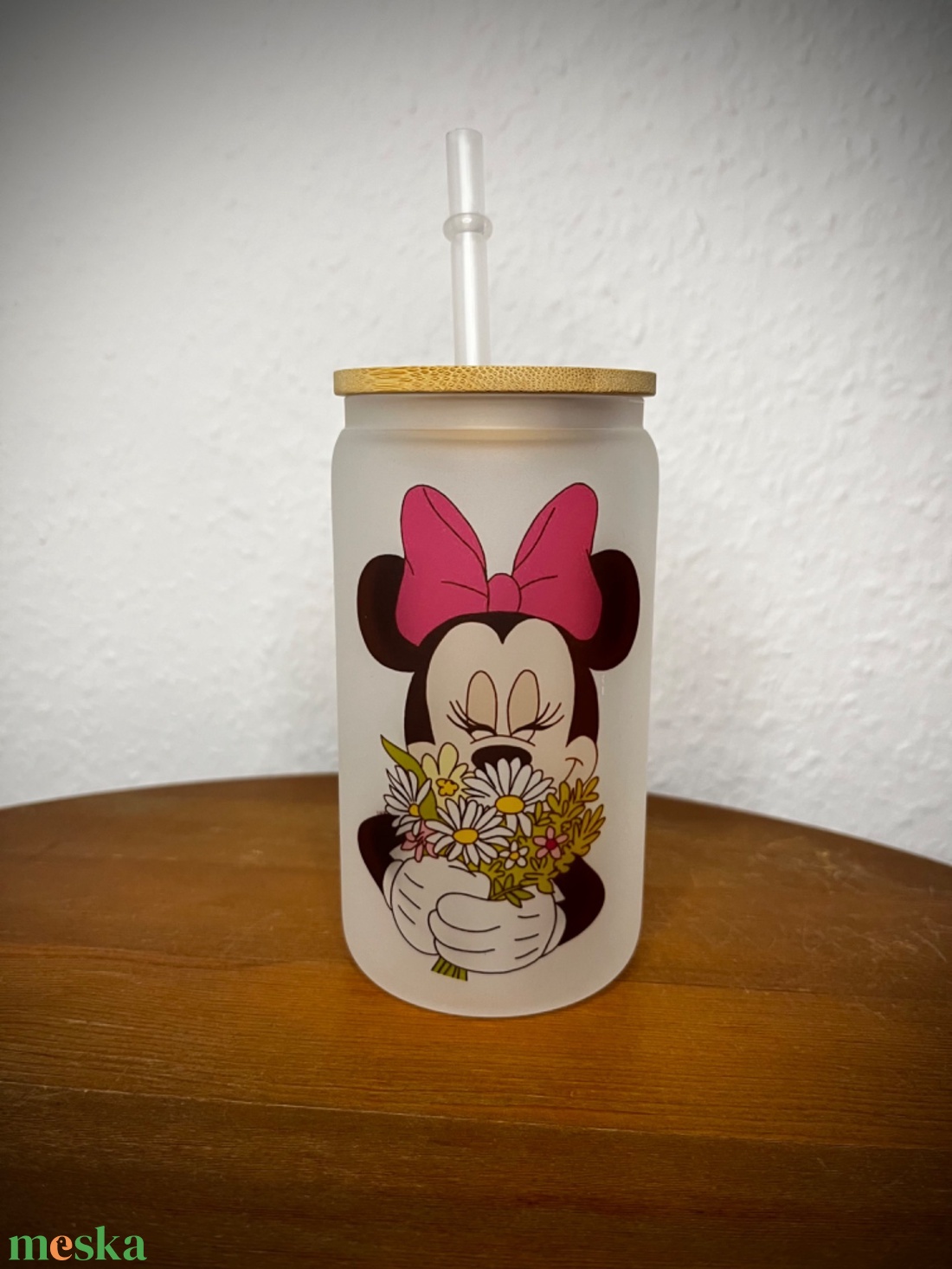 Minnie Mouse mintás opál üvegpohár virágokkal 350 ml - művészet - más művészeti ág - Meska.hu