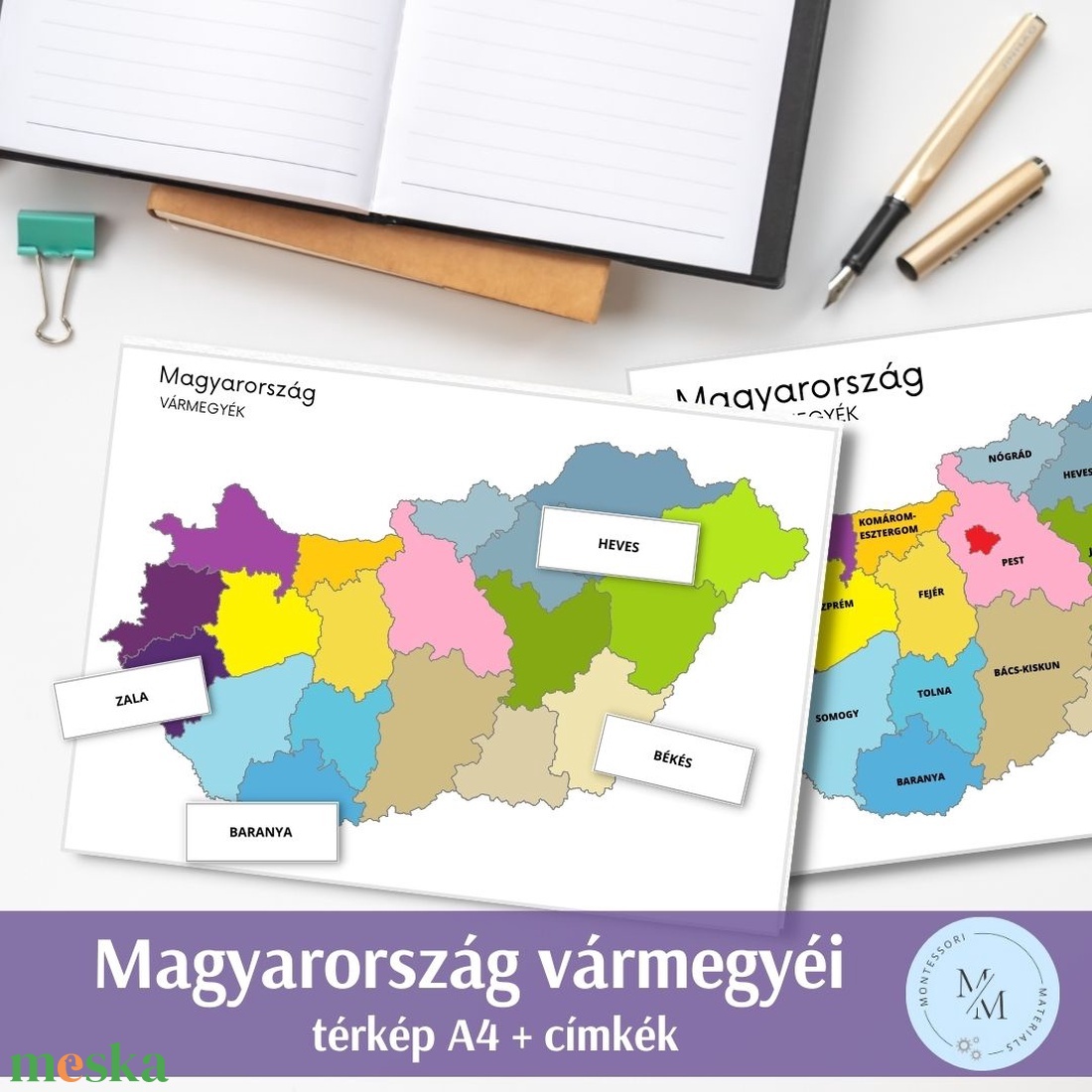 Magyarország vármegyéi térkép - A4 plakátok + térkép címkék a vármegyék neveivel - játék & sport - készségfejlesztő és logikai játék - oktató játékok - Meska.hu