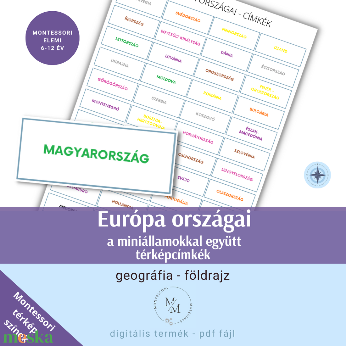 Európa országai Montessori térkép címkék az országok neveivel - játék & sport - készségfejlesztő és logikai játék - oktató játékok - Meska.hu