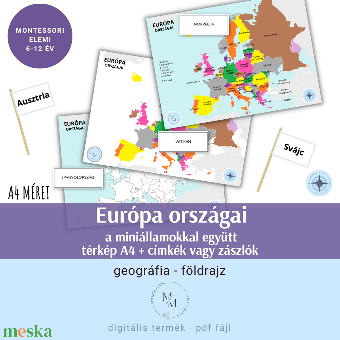 Európa országai Montessori térkép - A4 plakátok + térkép címkék vagy zászlók az országok neveivel - játék & sport - készségfejlesztő és logikai játék - oktató játékok - Meska.hu