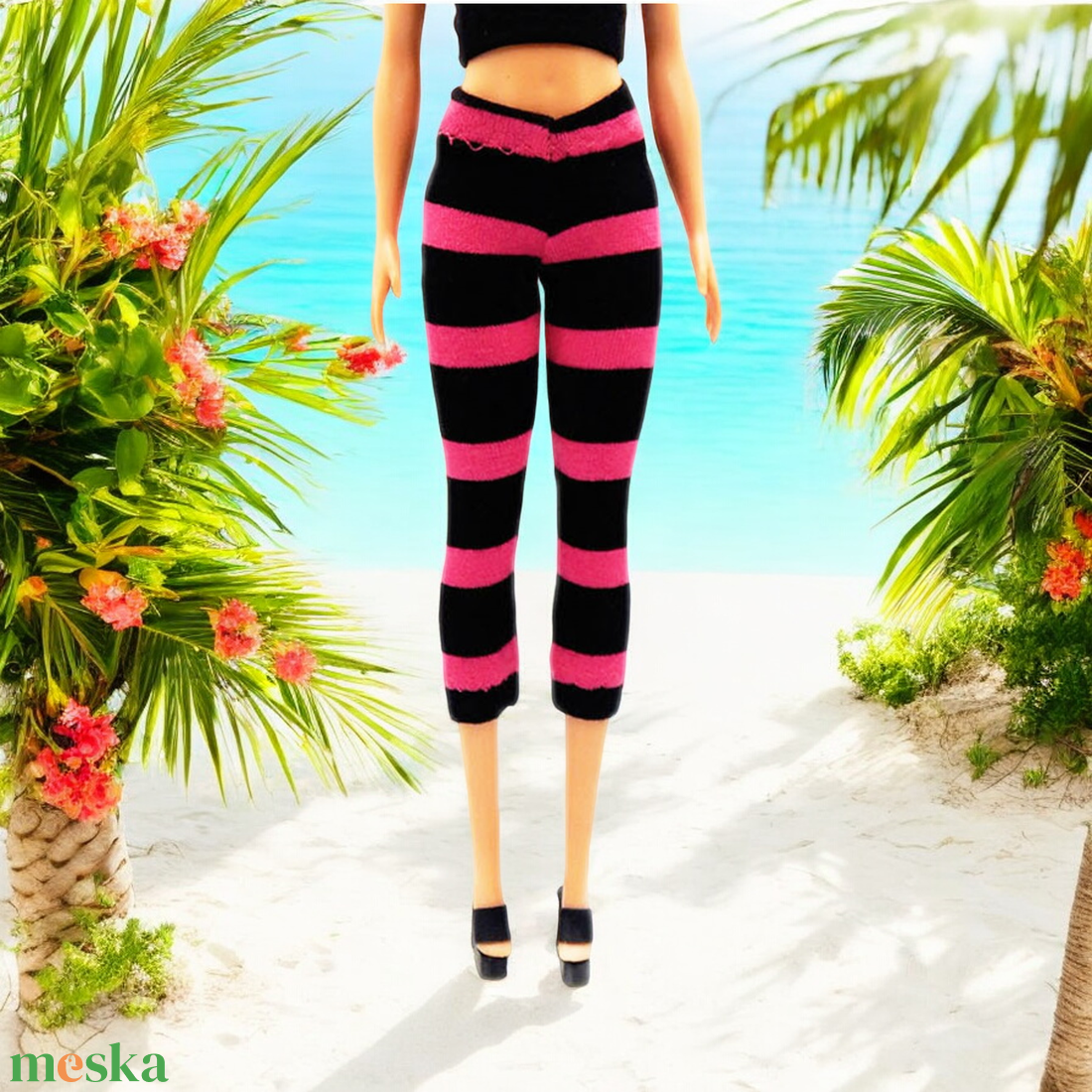 Pink-fekete csíkos barbie capri nadrág, harisnya, leggings  - ruha barbie típusú babákhoz - játék & sport - baba & babaház - barbie ruhák - Meska.hu